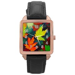 Leaves Foliage Autumn Nature Forest Fall Rose Gold Leather Watch  by Uceng