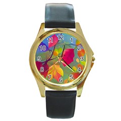 Leaves Foliage Autumn Branch Trees Nature Forest Round Gold Metal Watch by Uceng