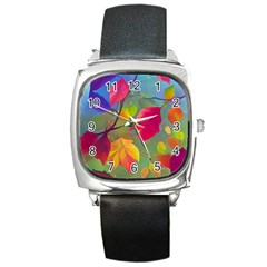 Leaves Foliage Autumn Branch Trees Nature Forest Square Metal Watch by Uceng