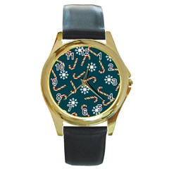 Christmas Seamless Pattern With Candies Snowflakes Round Gold Metal Watch by Uceng