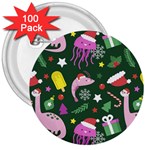 Dinosaur Colorful Funny Christmas Pattern 3  Buttons (100 pack)  Front