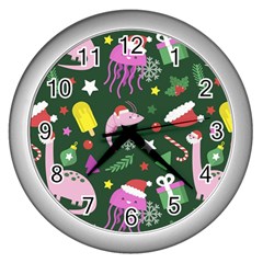 Dinosaur Colorful Funny Christmas Pattern Wall Clock (silver) by Uceng