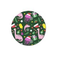 Dinosaur Colorful Funny Christmas Pattern Magnet 3  (round) by Uceng