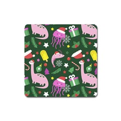 Dinosaur Colorful Funny Christmas Pattern Square Magnet by Uceng