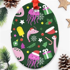 Dinosaur Colorful Funny Christmas Pattern Oval Ornament (two Sides) by Uceng