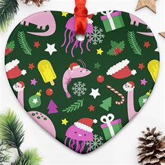 Dinosaur Colorful Funny Christmas Pattern Heart Ornament (two Sides) by Uceng