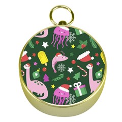 Dinosaur Colorful Funny Christmas Pattern Gold Compasses by Uceng