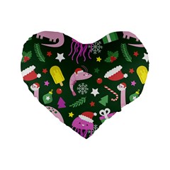 Dinosaur Colorful Funny Christmas Pattern Standard 16  Premium Flano Heart Shape Cushions by Uceng