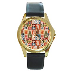 Cute Christmas Seamless Pattern Vector  - Round Gold Metal Watch by Uceng