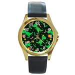 Christmas Funny Pattern Dinosaurs Round Gold Metal Watch Front