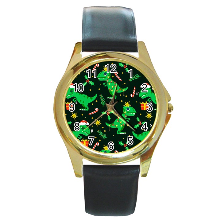 Christmas Funny Pattern Dinosaurs Round Gold Metal Watch