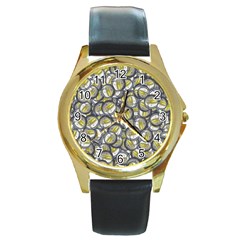 Gong Instrument Motif Pattern Round Gold Metal Watch