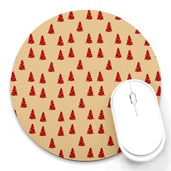 Red Christmas Tree Brown Round Mousepad by TetiBright