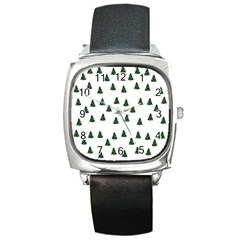 Green Christmas Trees White Square Metal Watch