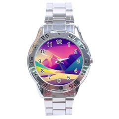 Abstract Geometric Landscape Art 3d Render Stainless Steel Analogue Watch by Pakemis