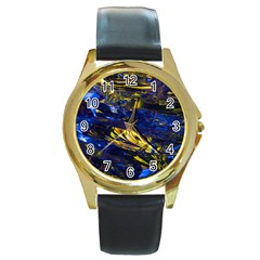 Space Futuristic Shiny Abstraction Flash Colorful Round Gold Metal Watch by Pakemis