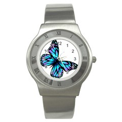 Blue And Pink Butterfly Illustration, Monarch Butterfly Cartoon Blue, Cartoon Blue Butterfly Free Pn Stainless Steel Watch by asedoi