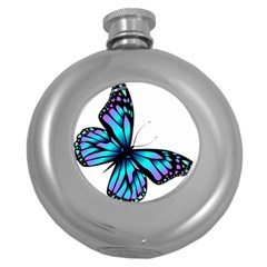 Blue And Pink Butterfly Illustration, Monarch Butterfly Cartoon Blue, Cartoon Blue Butterfly Free Pn Round Hip Flask (5 Oz) by asedoi