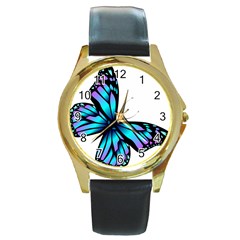 Blue And Pink Butterfly Illustration, Monarch Butterfly Cartoon Blue, Cartoon Blue Butterfly Free Pn Round Gold Metal Watch by asedoi