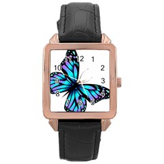 Blue And Pink Butterfly Illustration, Monarch Butterfly Cartoon Blue, Cartoon Blue Butterfly Free Pn Rose Gold Leather Watch 