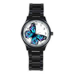 Blue And Pink Butterfly Illustration, Monarch Butterfly Cartoon Blue, Cartoon Blue Butterfly Free Pn Stainless Steel Round Watch by asedoi