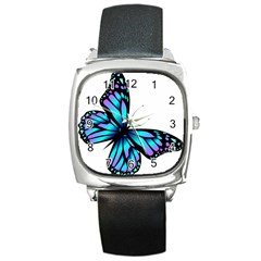 Blue And Pink Butterfly Illustration, Monarch Butterfly Cartoon Blue, Cartoon Blue Butterfly Free Pn Square Metal Watch by asedoi