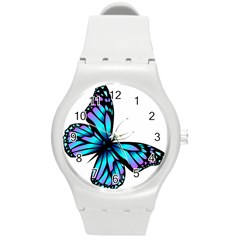 Blue And Pink Butterfly Illustration, Monarch Butterfly Cartoon Blue, Cartoon Blue Butterfly Free Pn Round Plastic Sport Watch (m) by asedoi