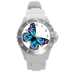 Blue And Pink Butterfly Illustration, Monarch Butterfly Cartoon Blue, Cartoon Blue Butterfly Free Pn Round Plastic Sport Watch (l) by asedoi