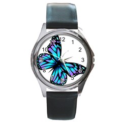 Blue And Pink Butterfly Illustration, Monarch Butterfly Cartoon Blue, Cartoon Blue Butterfly Free Pn Round Metal Watch by asedoi