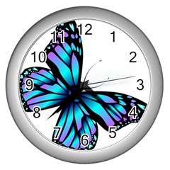 Blue And Pink Butterfly Illustration, Monarch Butterfly Cartoon Blue, Cartoon Blue Butterfly Free Pn Wall Clock (silver)