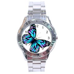 Blue And Pink Butterfly Illustration, Monarch Butterfly Cartoon Blue, Cartoon Blue Butterfly Free Pn Stainless Steel Analogue Watch by asedoi