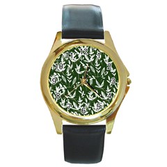 Leaves Pattern Wallpaper Watercolor Round Gold Metal Watch by Ravend