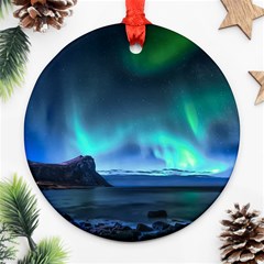 Green Aurora Lights-over Rocky Shore During Night Time Ornament (round) by danenraven