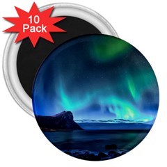 Green Aurora Lights-over Rocky Shore During Night Time 3  Magnets (10 Pack)  by danenraven