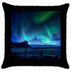 Green Aurora Lights-over Rocky Shore During Night Time Throw Pillow Case (black) by danenraven