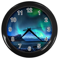 Green Aurora Lights-over Rocky Shore During Night Time Wall Clock (black) by danenraven