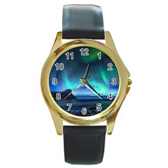 Green Aurora Lights-over Rocky Shore During Night Time Round Gold Metal Watch by danenraven