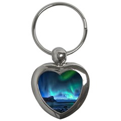 Green Aurora Lights-over Rocky Shore During Night Time Key Chain (heart) by danenraven