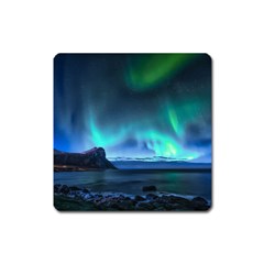 Green Aurora Lights-over Rocky Shore During Night Time Square Magnet by danenraven