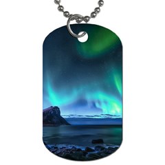 Green Aurora Lights-over Rocky Shore During Night Time Dog Tag (one Side) by danenraven