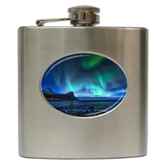 Green Aurora Lights-over Rocky Shore During Night Time Hip Flask (6 Oz) by danenraven