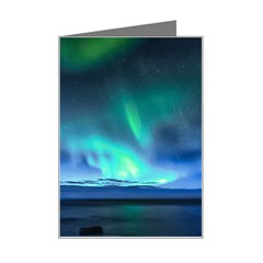 Green Aurora Lights-over Rocky Shore During Night Time Mini Greeting Card