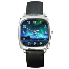 Green Aurora Lights-over Rocky Shore During Night Time Square Metal Watch by danenraven