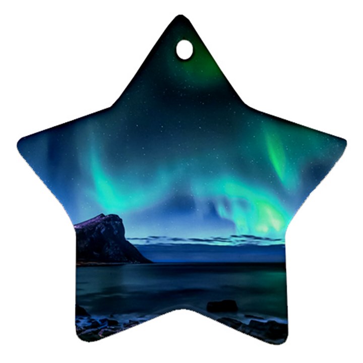 Green Aurora Lights-over Rocky Shore During Night Time Star Ornament (Two Sides)