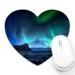 Green Aurora Lights-over Rocky Shore During Night Time Heart Mousepad by danenraven