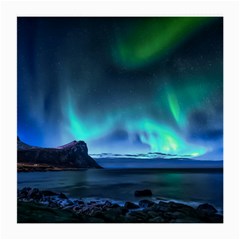 Green Aurora Lights-over Rocky Shore During Night Time Medium Glasses Cloth by danenraven