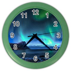 Green Aurora Lights-over Rocky Shore During Night Time Color Wall Clock by danenraven