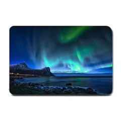 Green Aurora Lights-over Rocky Shore During Night Time Small Doormat by danenraven