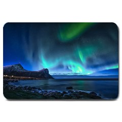 Green Aurora Lights-over Rocky Shore During Night Time Large Doormat by danenraven