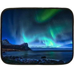 Green Aurora Lights-over Rocky Shore During Night Time Fleece Blanket (mini) by danenraven